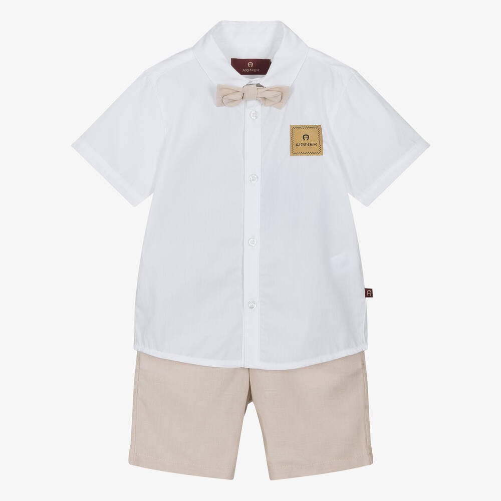 AIGNER - Boys Beige Linen & Cotton Shorts Set | Childrensalon