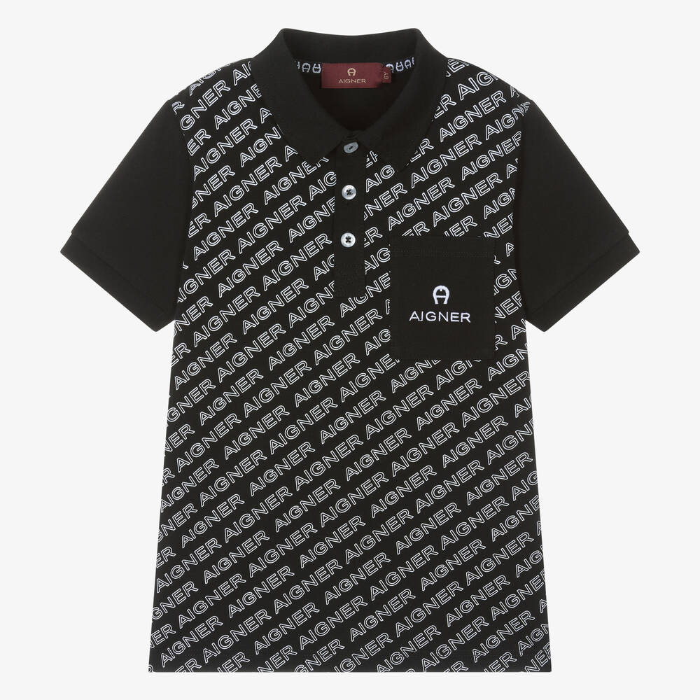 AIGNER - Boys Black Cotton Horseshoe Polo Shirt | Childrensalon
