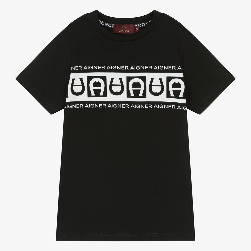 AIGNER - Boys Black Cotton T-Shirt | Childrensalon