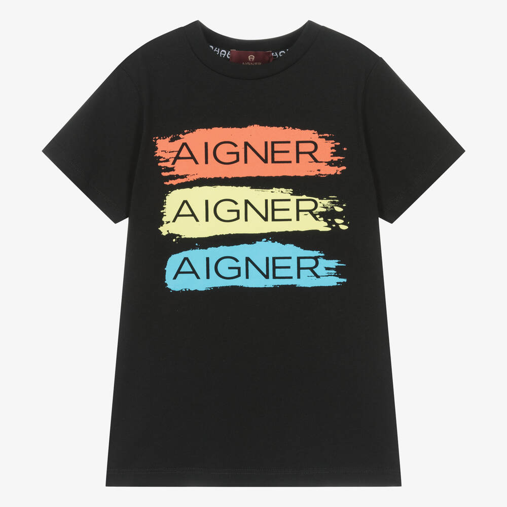 AIGNER - Boys Black Painted Stripes T-Shirt | Childrensalon