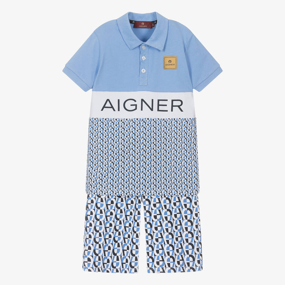 AIGNER - طقم شورت قطن لون أزرق وأبيض للأولاد | Childrensalon