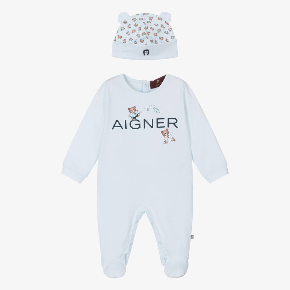 AIGNER - Boys Blue Cotton Rugby Bear Babysuit Set | Childrensalon