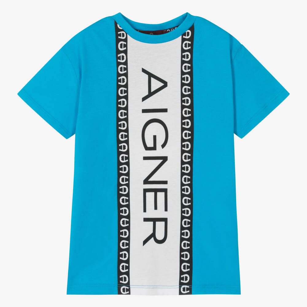 AIGNER - Boys Blue Cotton Stripe T-Shirt | Childrensalon