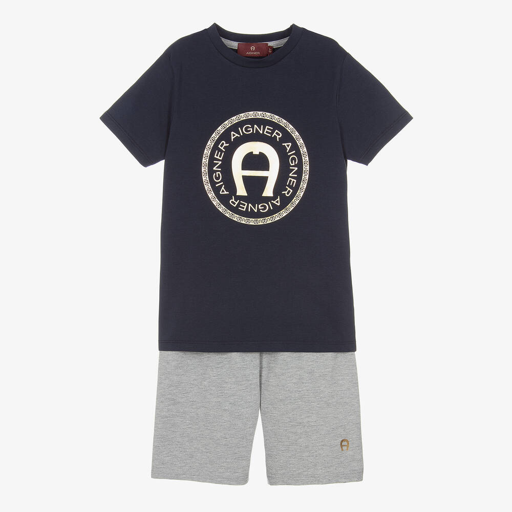 AIGNER - Boys Blue & Grey Cotton Short Pyjamas | Childrensalon