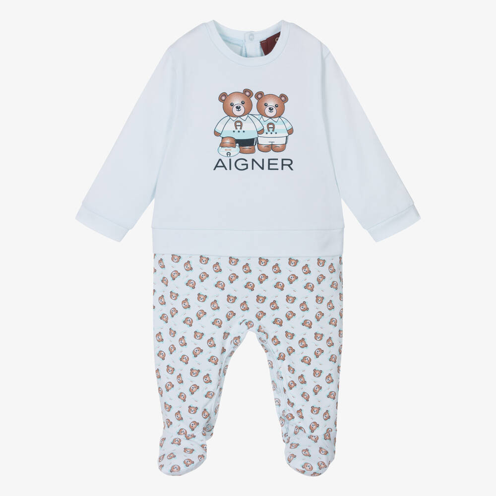AIGNER - Boys Blue Pima Cotton Bear Babygrow | Childrensalon