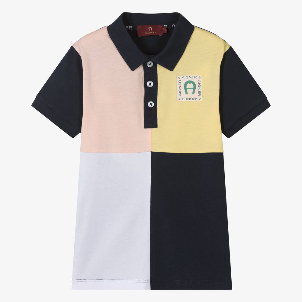 AIGNER - Boys Blue & Pink Colourblock Polo Shirt | Childrensalon