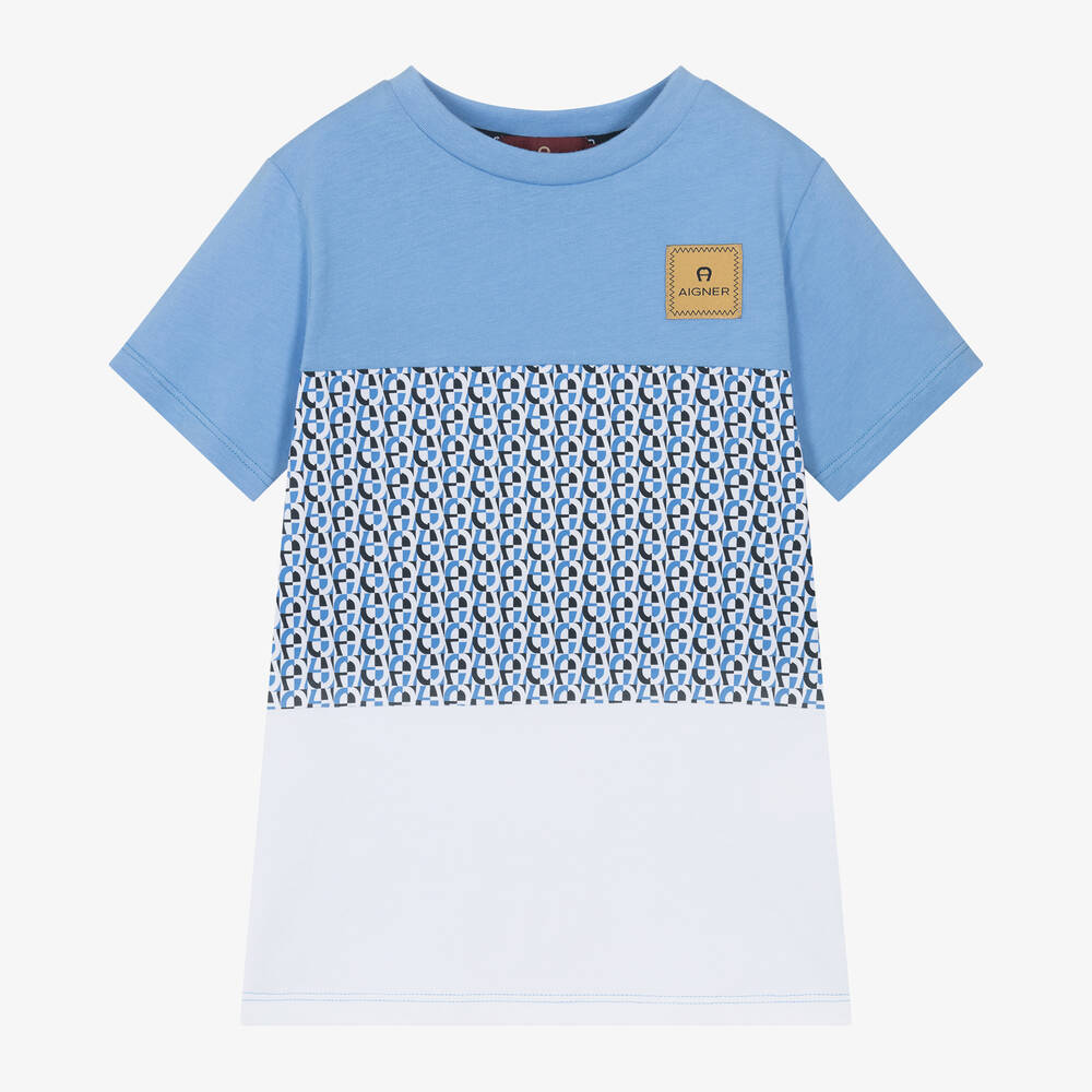 AIGNER - Boys Blue & White Cotton T-Shirt | Childrensalon