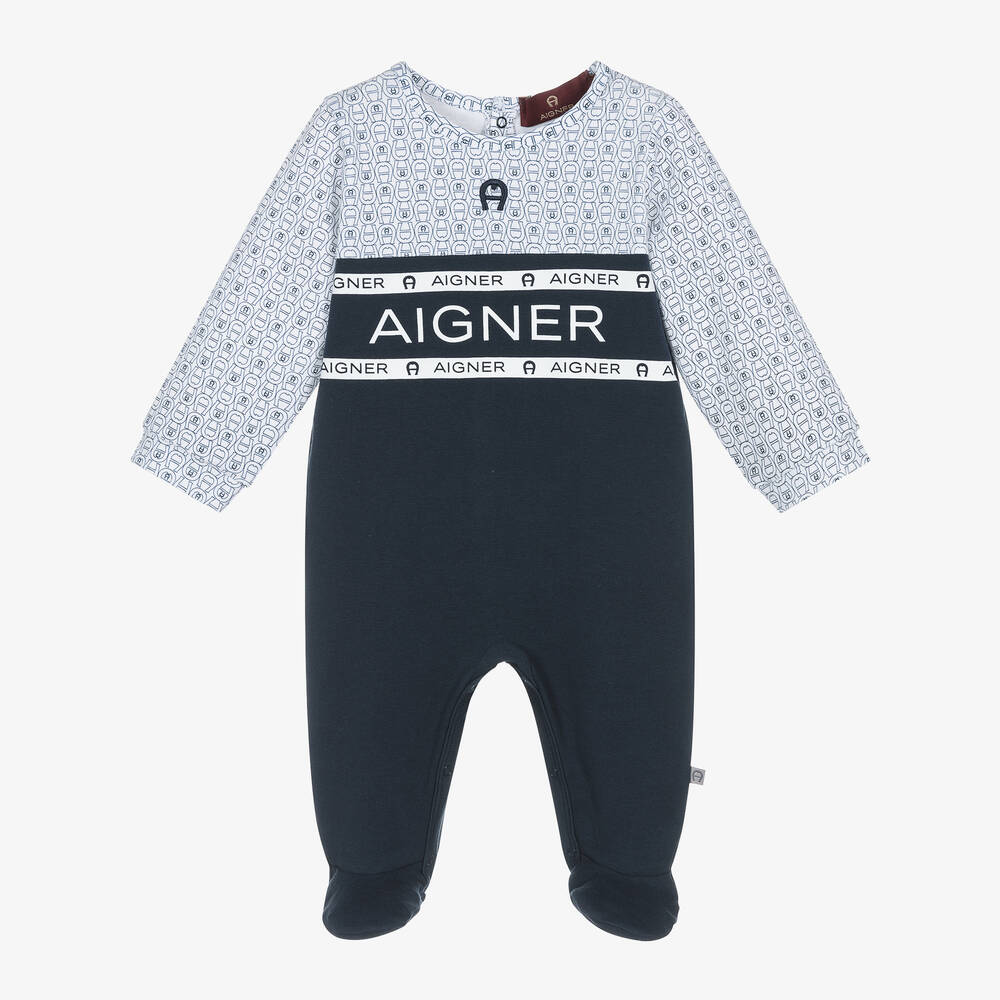 AIGNER - أفرول بيبي غرو قطن بيما جيرسي لون أبيض وكحلي للمواليد | Childrensalon