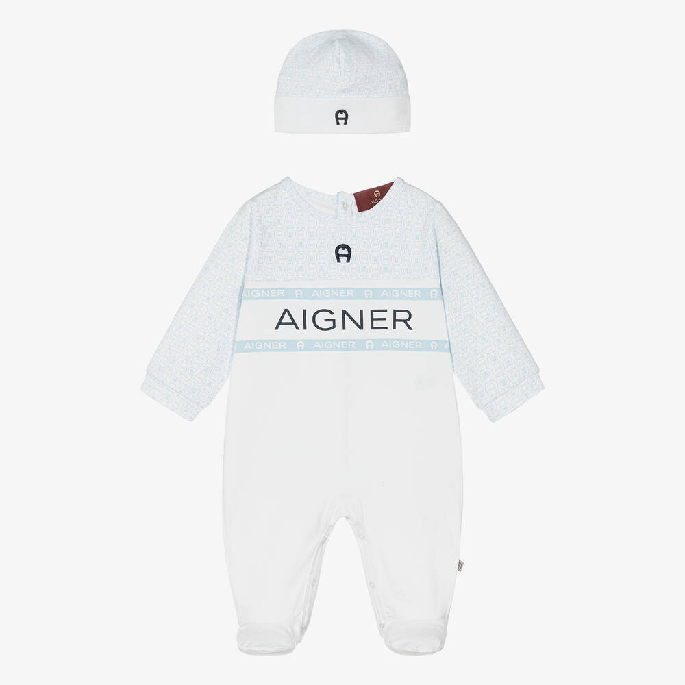 AIGNER - Бело-голубой комбинезон и шапочка из хлопка пима для мальчиков | Childrensalon