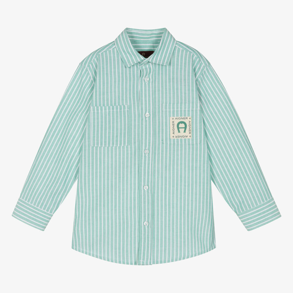AIGNER - Хлопковая рубашка в бело-зеленую полоску для мальчиков | Childrensalon