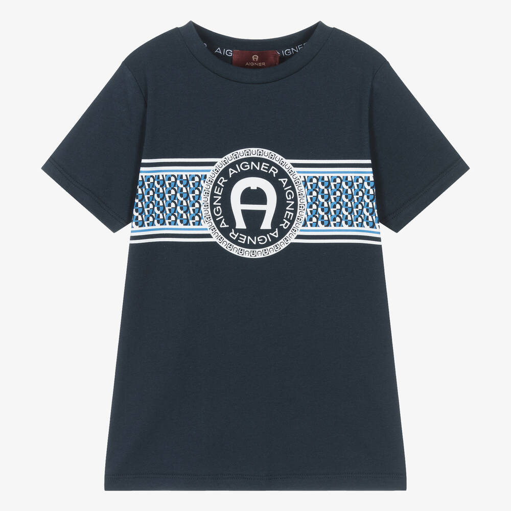 AIGNER - Boys Navy Blue Cotton T-Shirt | Childrensalon