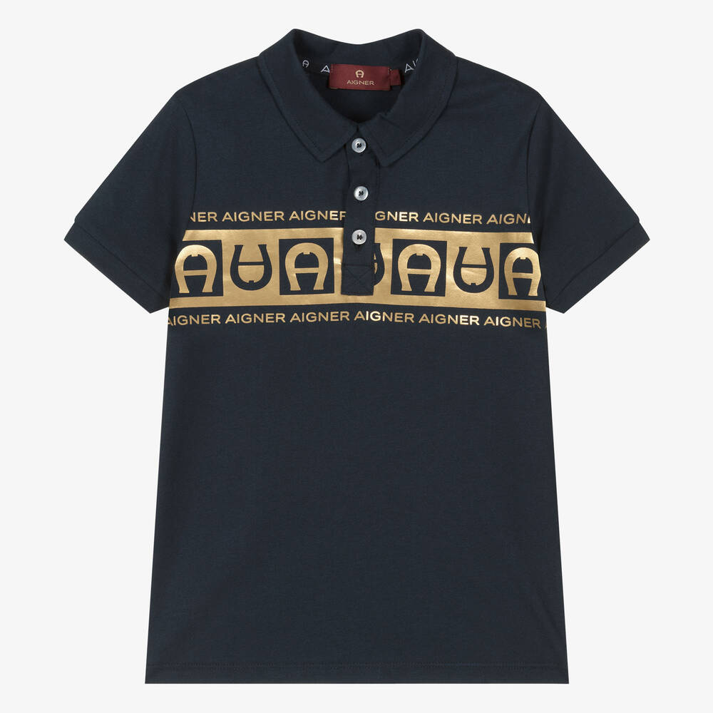 AIGNER - Boys Navy Blue & Gold Cotton Polo Shirt | Childrensalon
