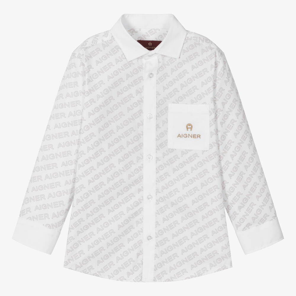 AIGNER - قميص قطن بوبلين لون أبيض وبيج للأولاد | Childrensalon