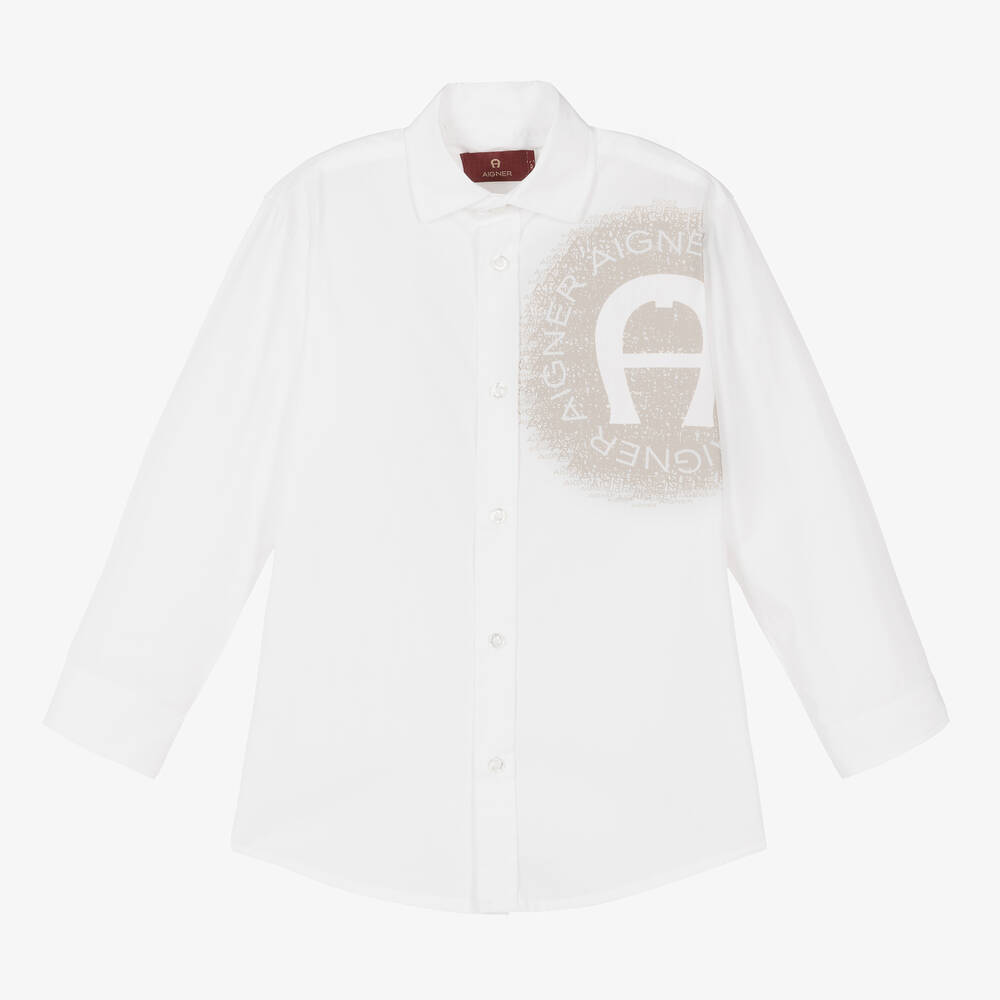 AIGNER - Boys White & Beige Cotton Shirt | Childrensalon