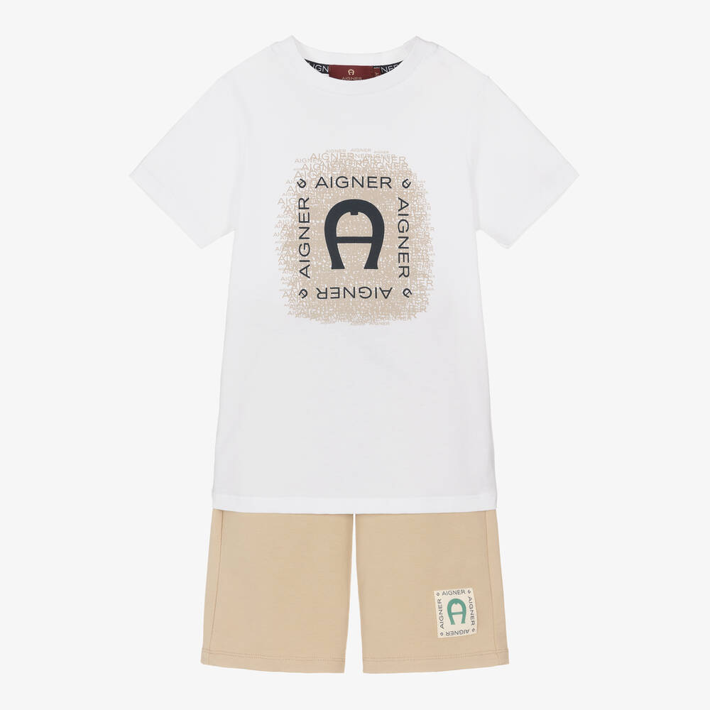 AIGNER - Boys White & Beige Cotton Shorts Set | Childrensalon