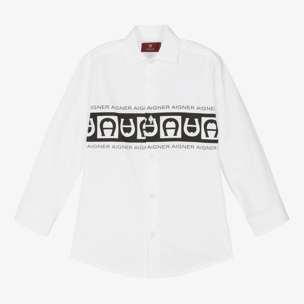 AIGNER - Boys White & Black Cotton Shirt | Childrensalon