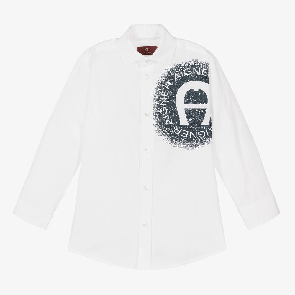 AIGNER - قميص قطن بوبلين لون أبيض وأزرق للأولاد | Childrensalon