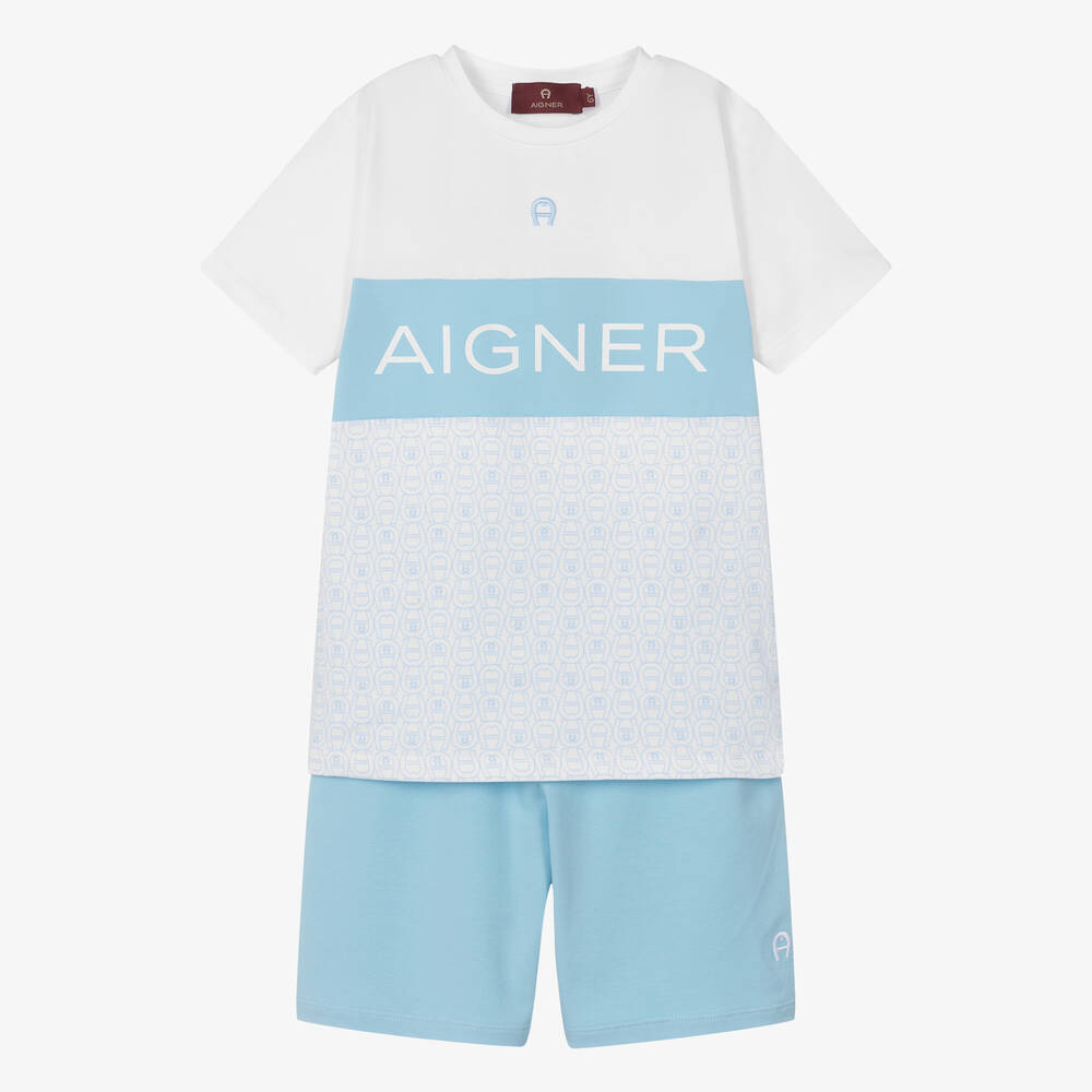 AIGNER - Boys White & Blue Cotton Shorts Set | Childrensalon