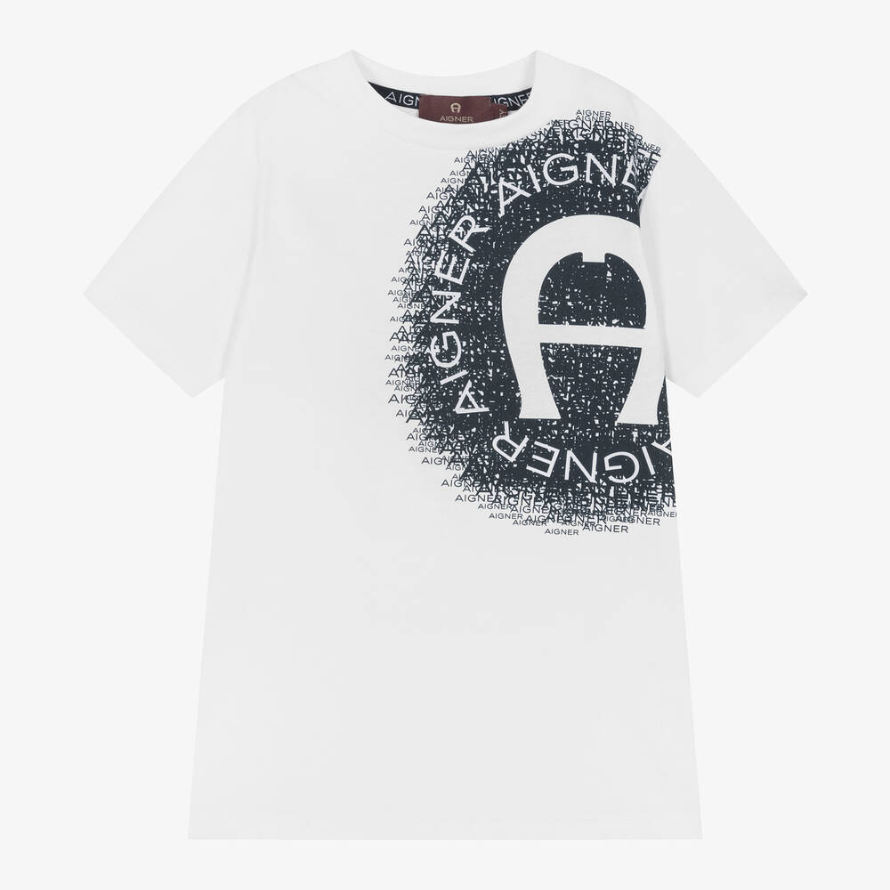 AIGNER - Boys White & Blue Cotton T-Shirt | Childrensalon