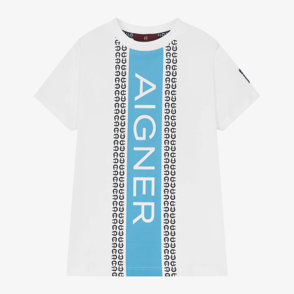 AIGNER - Boys White & Blue Stripe Cotton T-Shirt | Childrensalon