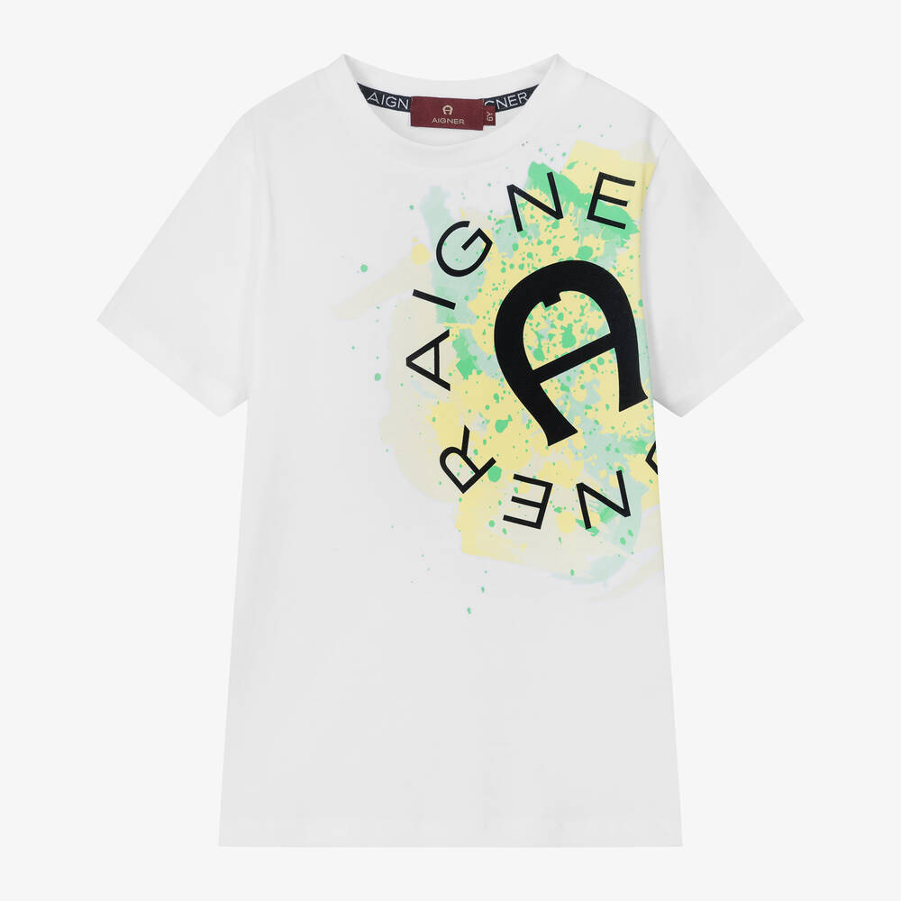 AIGNER - Boys White Cotton Paint Splatter T-Shirt | Childrensalon