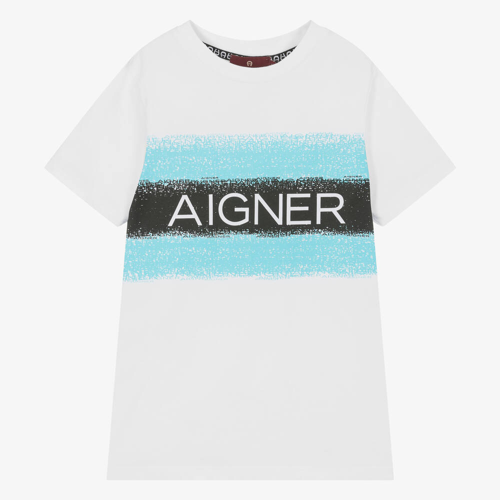 AIGNER - T-shirt blanc rayé en coton garçon | Childrensalon