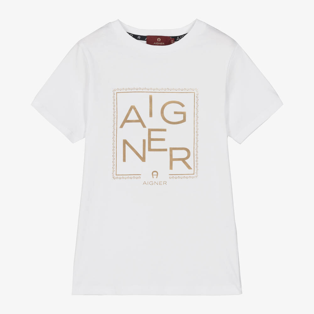 AIGNER - Boys White Cotton T-Shirt | Childrensalon