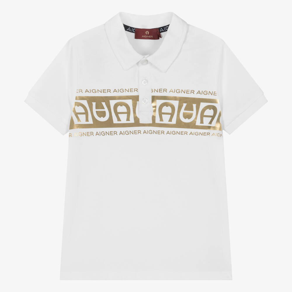 AIGNER - Boys White & Gold Cotton Polo Shirt | Childrensalon