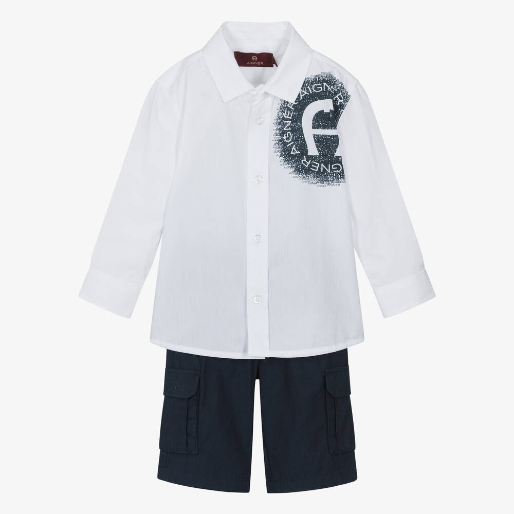 Aigner Babies' Boys White & Navy Blue Cotton Shorts Set