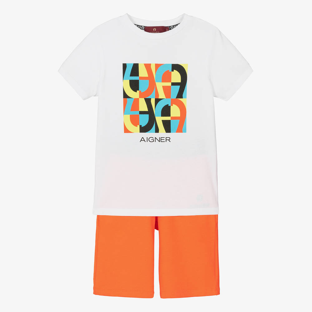 AIGNER - Белая футболка и оранжевые шорты для мальчиков | Childrensalon