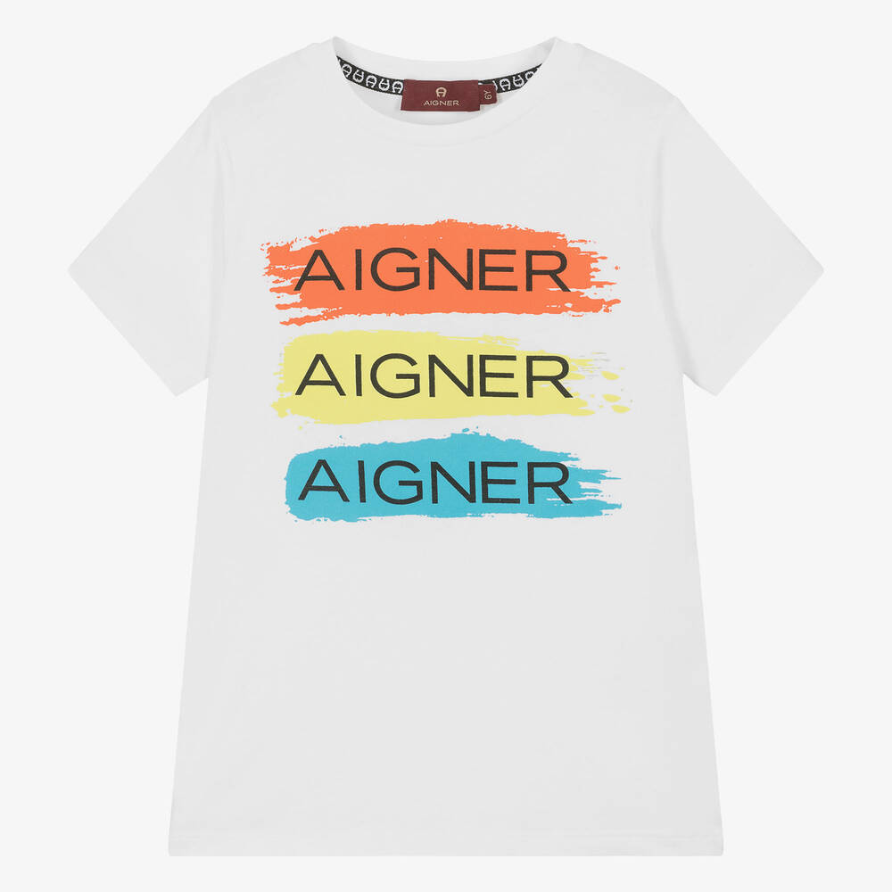 AIGNER - Boys White Painted Stripes T-Shirt | Childrensalon