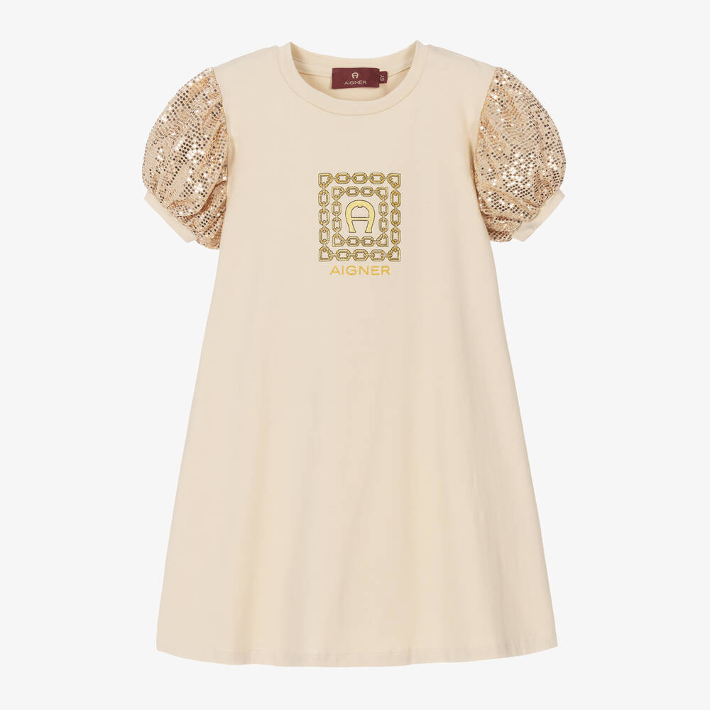 AIGNER - Girls Beige & Gold Sequin Dress | Childrensalon