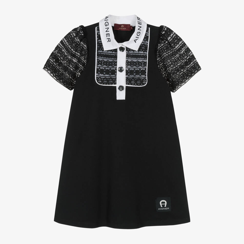 AIGNER - Girls Black Cotton & Lace Dress | Childrensalon