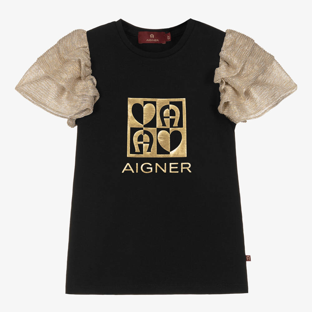 AIGNER - Girls Black & Gold Cotton Top | Childrensalon