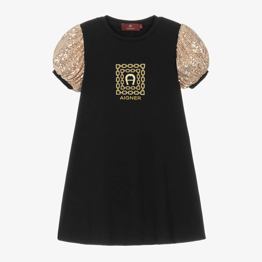 AIGNER - فستان قطن جيرسي لون أسود وذهبي مزين بترتر | Childrensalon
