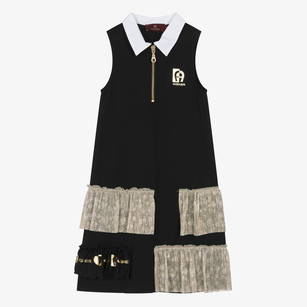 AIGNER - Черно-золотистое платье из хлопка без рукавов для девочек | Childrensalon
