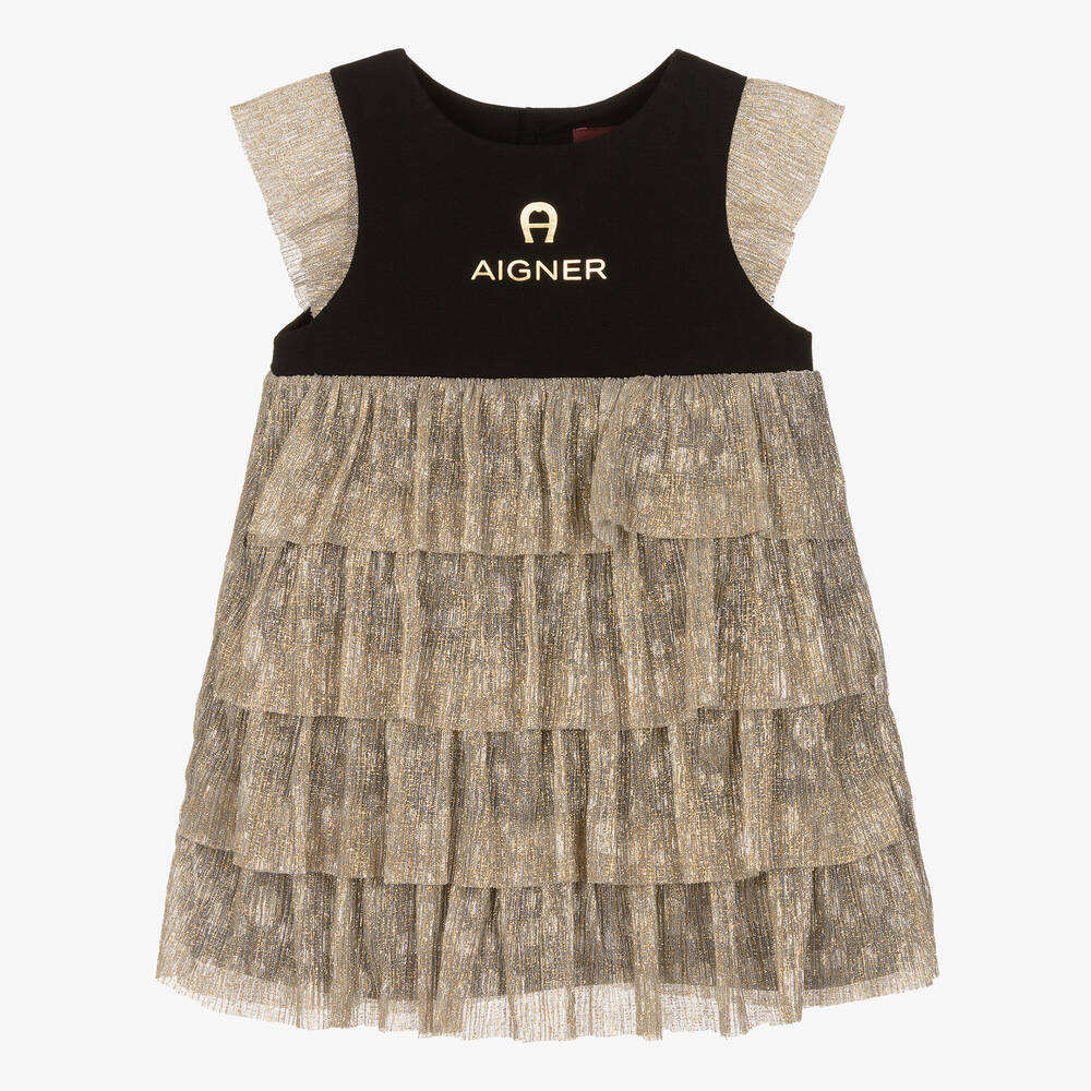 AIGNER - Girls Black & Gold Tiered Plissé Dress | Childrensalon