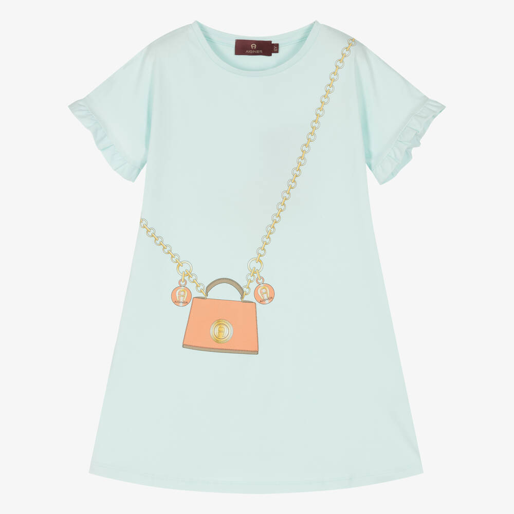 AIGNER - Girls Blue Cotton Bag Print Dress | Childrensalon