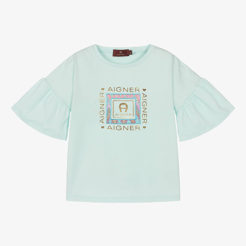 AIGNER - Girls Blue Cotton Frill Sleeve T-Shirt | Childrensalon