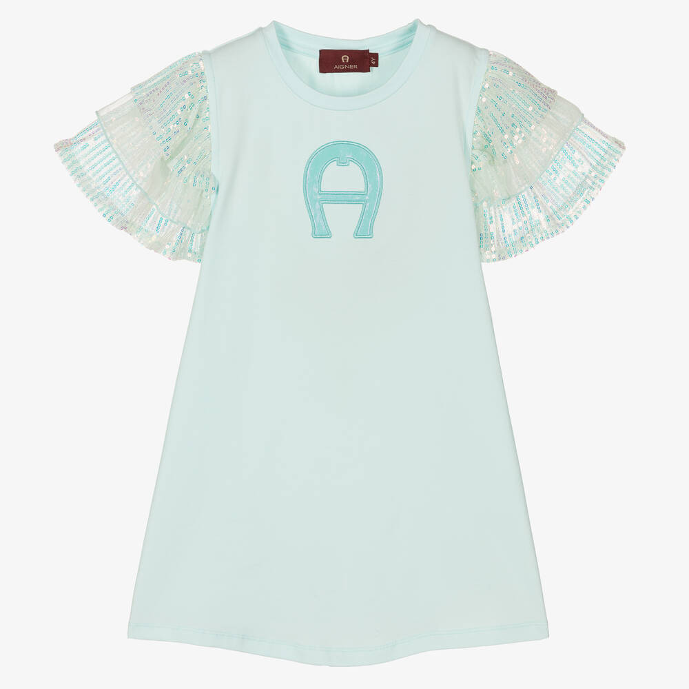 AIGNER - Girls Blue Cotton & Sequin Logo Dress | Childrensalon
