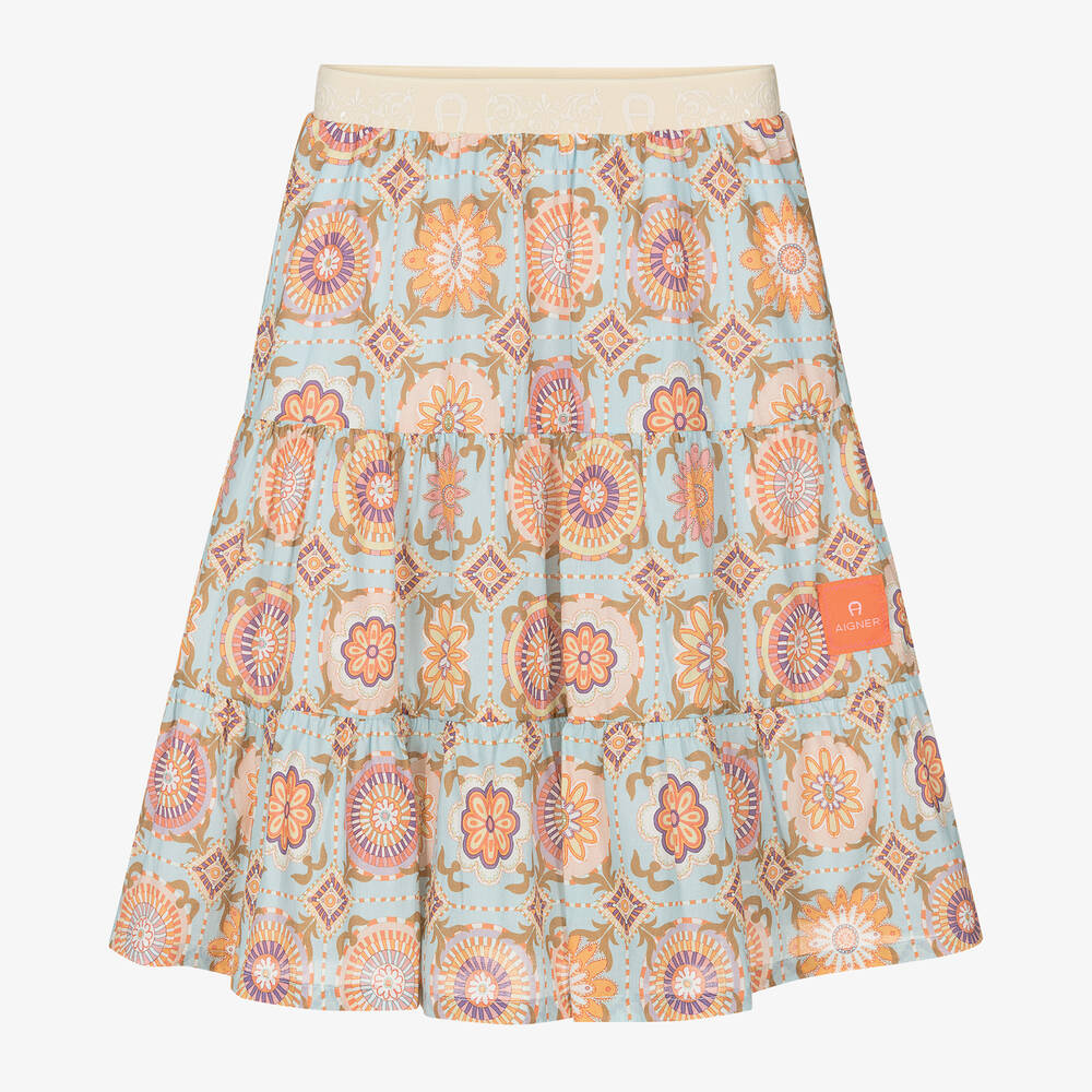 AIGNER - Girls Blue Cotton Tile Print Skirt | Childrensalon