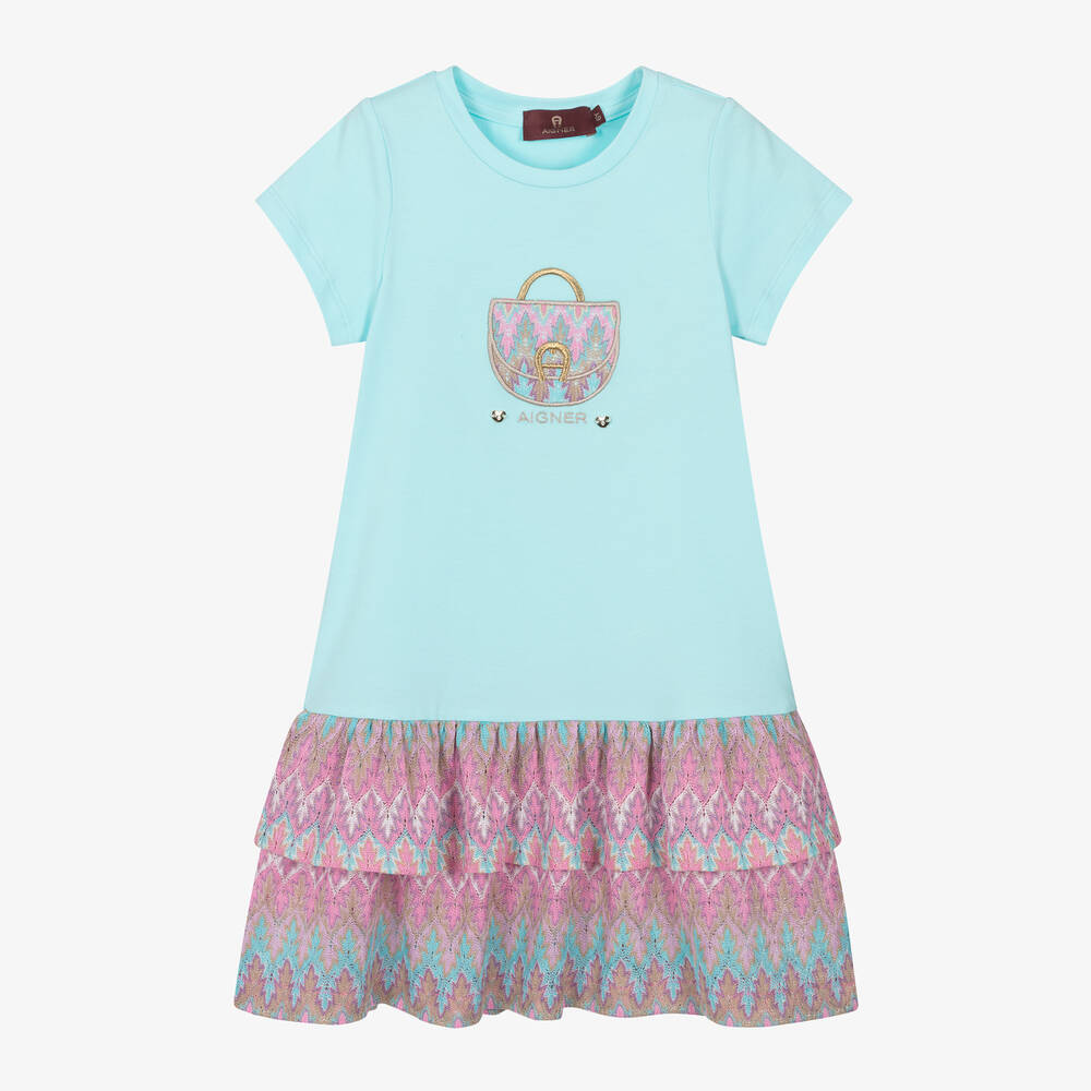 AIGNER - Girls Blue & Pink Embroidered Cotton Dress | Childrensalon