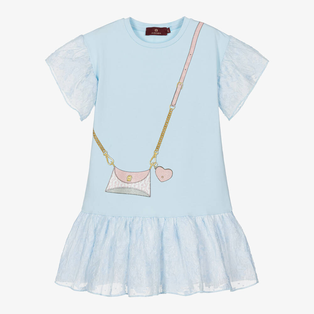 AIGNER - Голубое блестящее платье из хлопка с принтом-сумкой | Childrensalon
