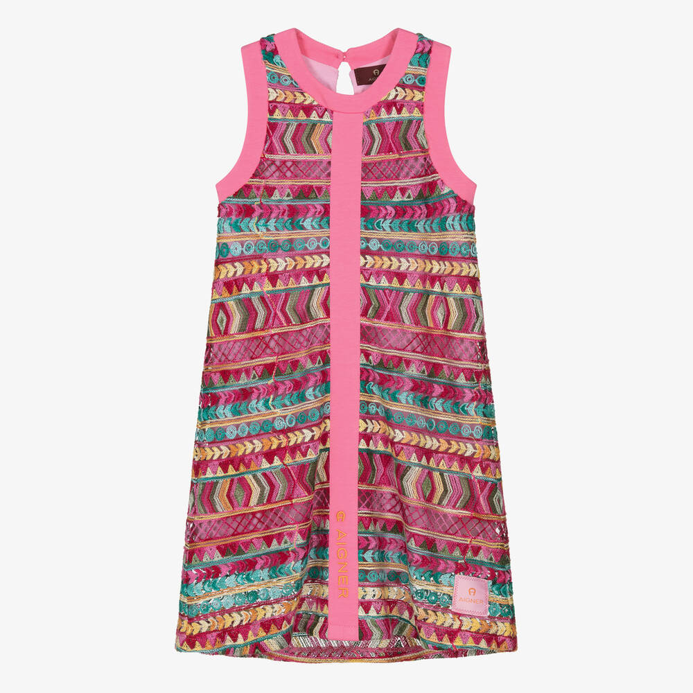 AIGNER - Girls Fuchsia Pink Embroidered Dress | Childrensalon