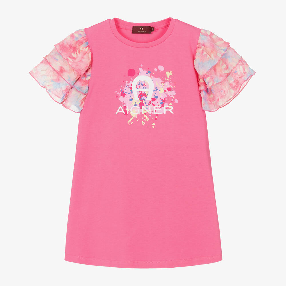 AIGNER - Girls Fuchsia Pink & Pastel Cotton Dress | Childrensalon