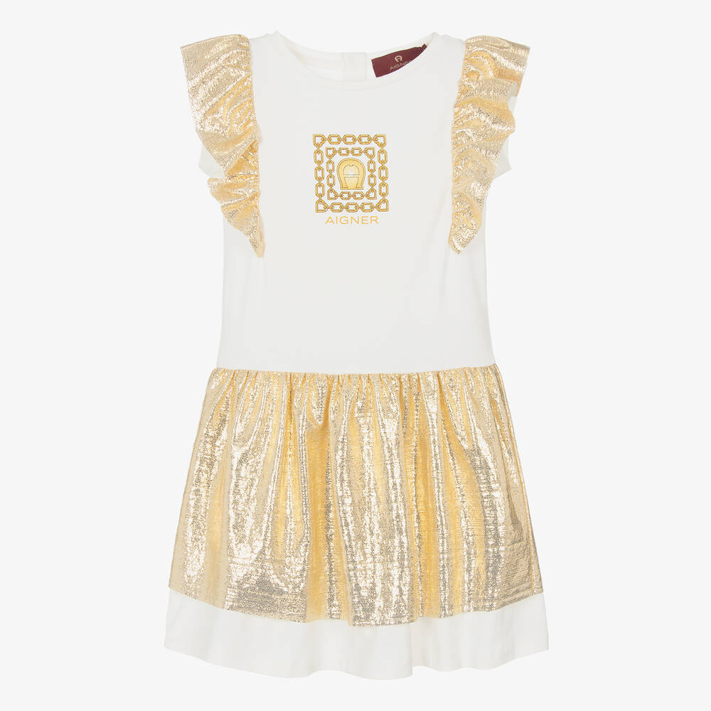 AIGNER - فستان قطن جيرسي لون ذهبي وعاجي مزين بكشكش | Childrensalon