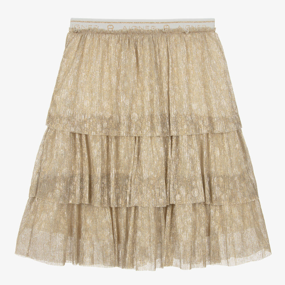 AIGNER - Золотистая многоярусная плиссированная юбка в горошек | Childrensalon