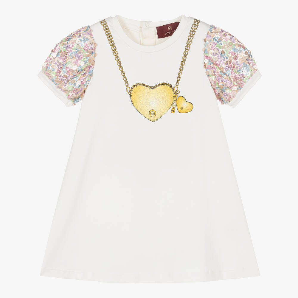 AIGNER - Кремовое хлопковое платье с пайетками на рукавах для девочек | Childrensalon
