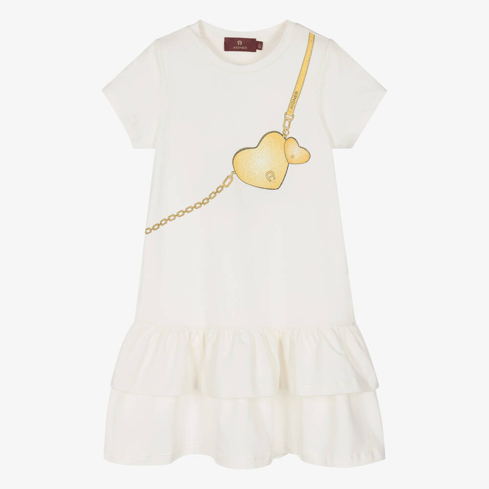 AIGNER - Girls Ivory & Gold Cotton Dress | Childrensalon