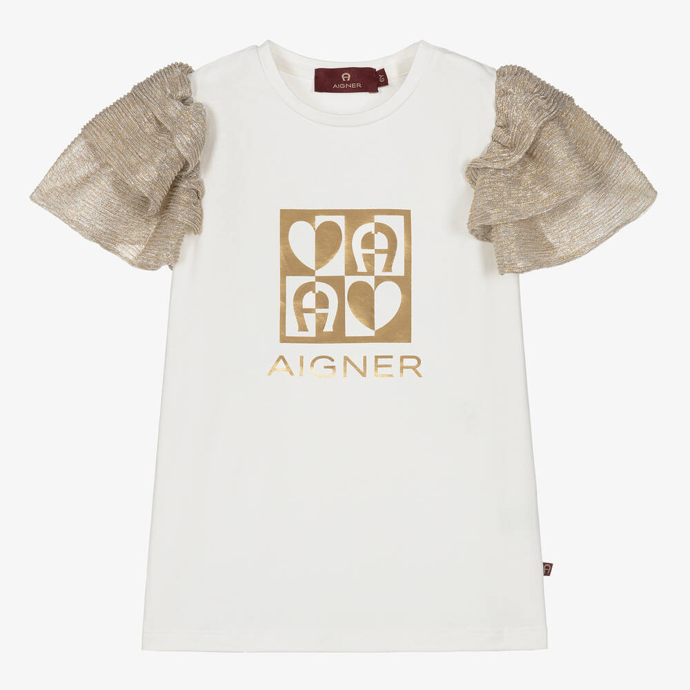 AIGNER - Girls Ivory & Gold Cotton Top | Childrensalon